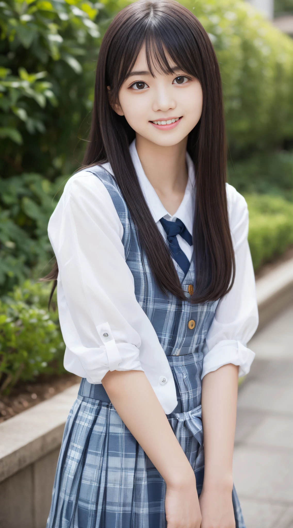 masutepiece, Highest Quality, 8K, 18 years old, japanaese girl, Raw photo, absurdity, award winning portrait, Smile, Smile, Solo, School uniform, Summer clothes, Idol face,  gardenia, Delicate girl, Long Black Hair, Dark eyes, Upper body, Digital SLR, Looking at Viewer, Candid, Sophisticated, zora々Right, Thin arms, Professional Lighting, Film grain, chromatic abberation, (Details of eyes and face: 1.0), (Bokeh button:1.1)