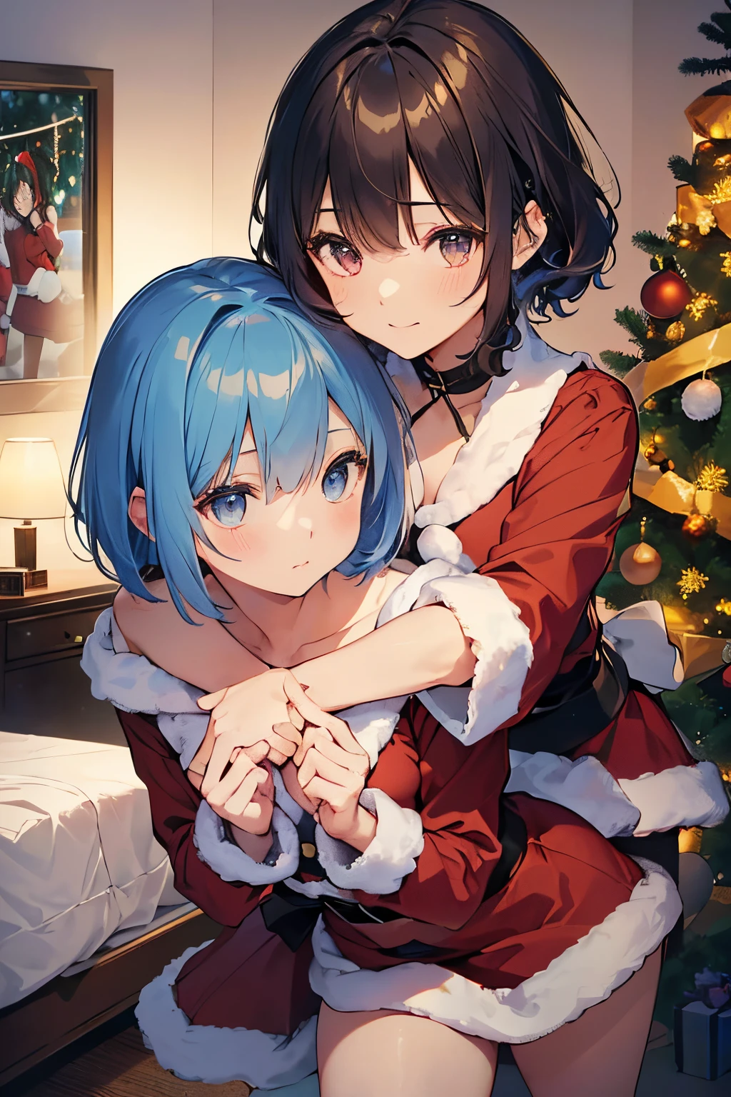 christmas night、Bedroom at night、Bulb Light、darkened room、Two high school girls hugging each other on the bed、Enraptured look、kiss、、Sexy costume、sexypose、costume riot、 ((santa costume:1.2)), a miniskirt、masutepiece, Best Quality, hight resolution, masterpiece、full body Esbian、((taken from the under:1.5)), ((low angles:1.5)), ((Pants are visible)), (Highest quality illustrations:1.2), (Kawaii Girl:1.1), (2girls:1.5, pair:1.5)、 (2girls、One pose、two girls hugging in bed、hi-school girl、BREAK ,((Blue-haired、Short bob hair)) 、Hugging from behind、(Brown hair、short-hair、Curly hair、Low twintail)、BREAK(livingroom),room with christmas decorations, Christmas tree、Christmas cake、(2girl beautiful eyes, Every detail、masterpiece sidelighting、masterpiece、top-quality、detaileds、High resolution illustration),Delicate Makeup, (a closeup:1.2)、POV、soft focus ground bokeh、Smile, cute little、Medium chest:1.5、ultradetailed eyes:1.2)、(beauty breast)、(shorth hair)、(((Short bob hair)))、thin-waist、REAK is small、Very detailed., Convoluted, masutepiece, absurderes、 ((Smooth texture:0.75, Realistic texture:0.5, Anime CG style)),