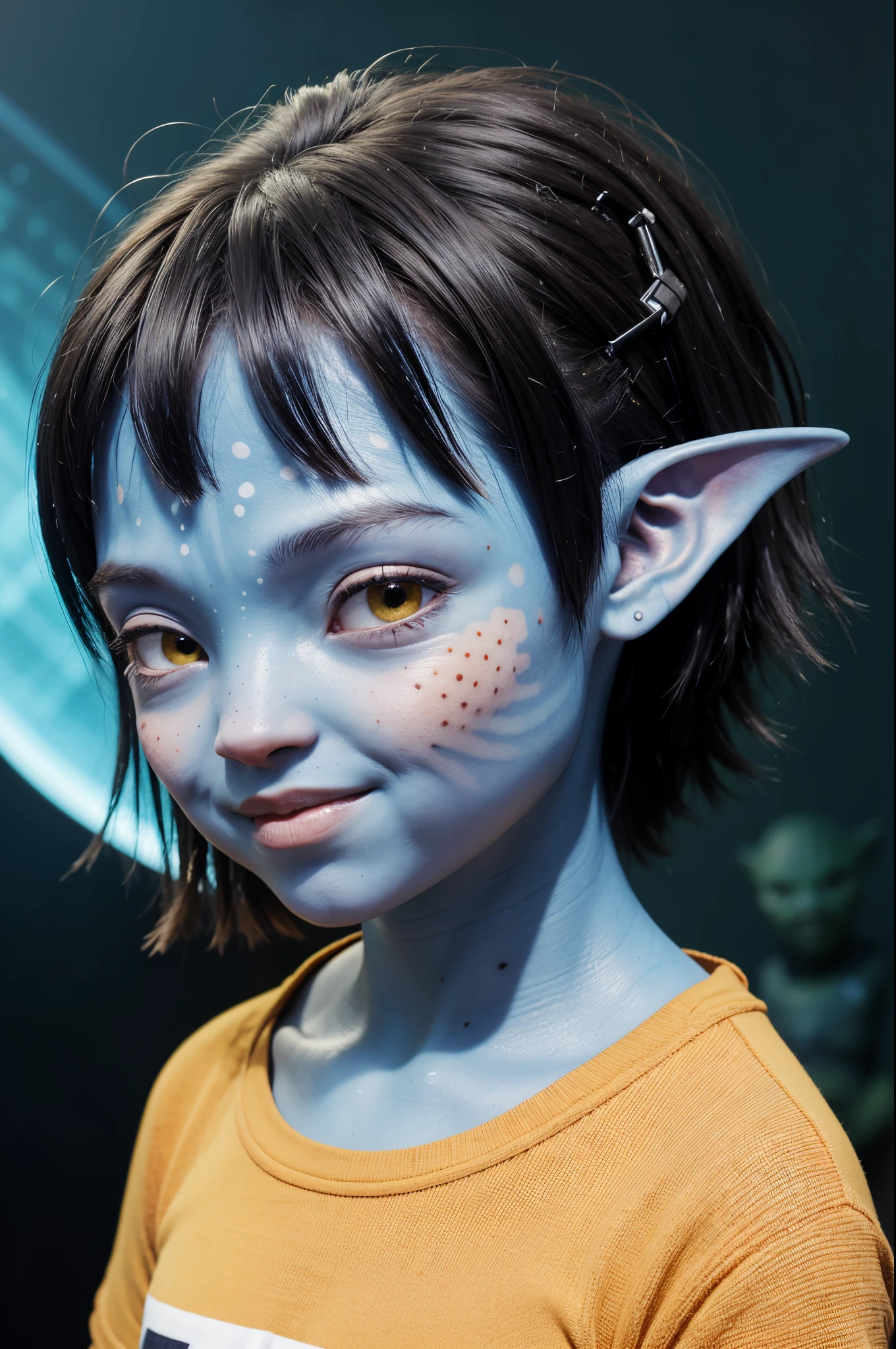headshot of naavi smiling and pouting, blue skin, alien, pointy ears, freckles, yellow eyes, black shirt, scifi starship background, black hair, looking in the viewer