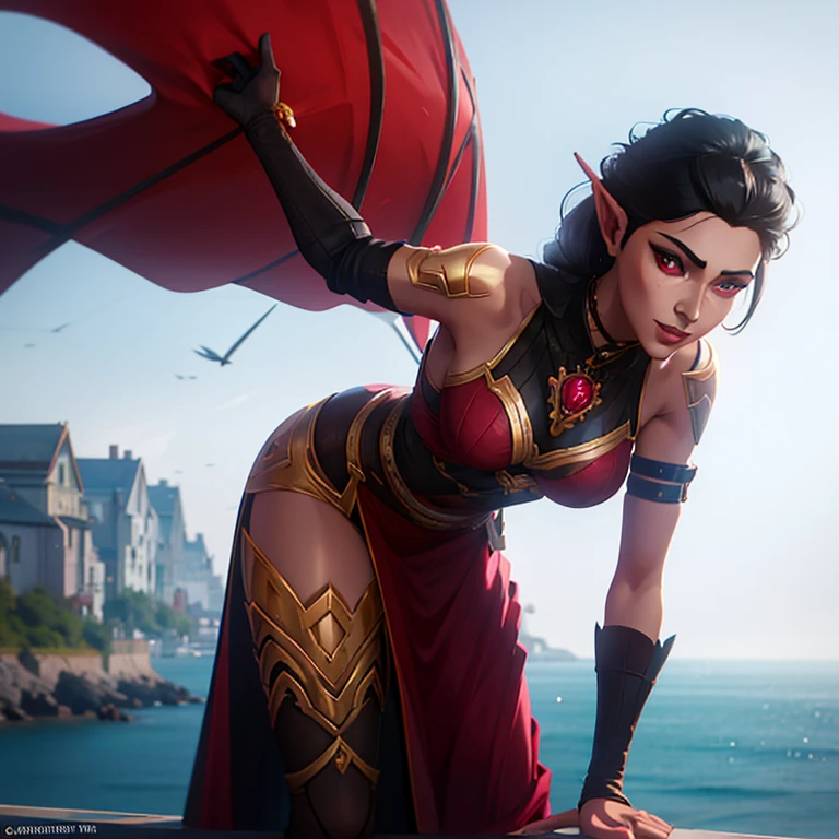 Dark elf woman in a majestic dress standing on a balcony, she has ruby-red eyes and grey skin, black hair, polite smile, 35 years old, view onto the ocean, extremely detailed artgerm, style artgerm, in style of artgerm, artgerm style, artgerm detailed, style of artgerm, aly fell and artgerm, samira from league of legends, drawn in the style of artgerm, artgerm lau