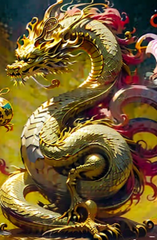 top-quality, ​masterpiece, The eight-pronged serpent of Japanese mythology、Golden Dragon、in the golden cave、red ball on the right、Deities々Right、mystical、spiritual、