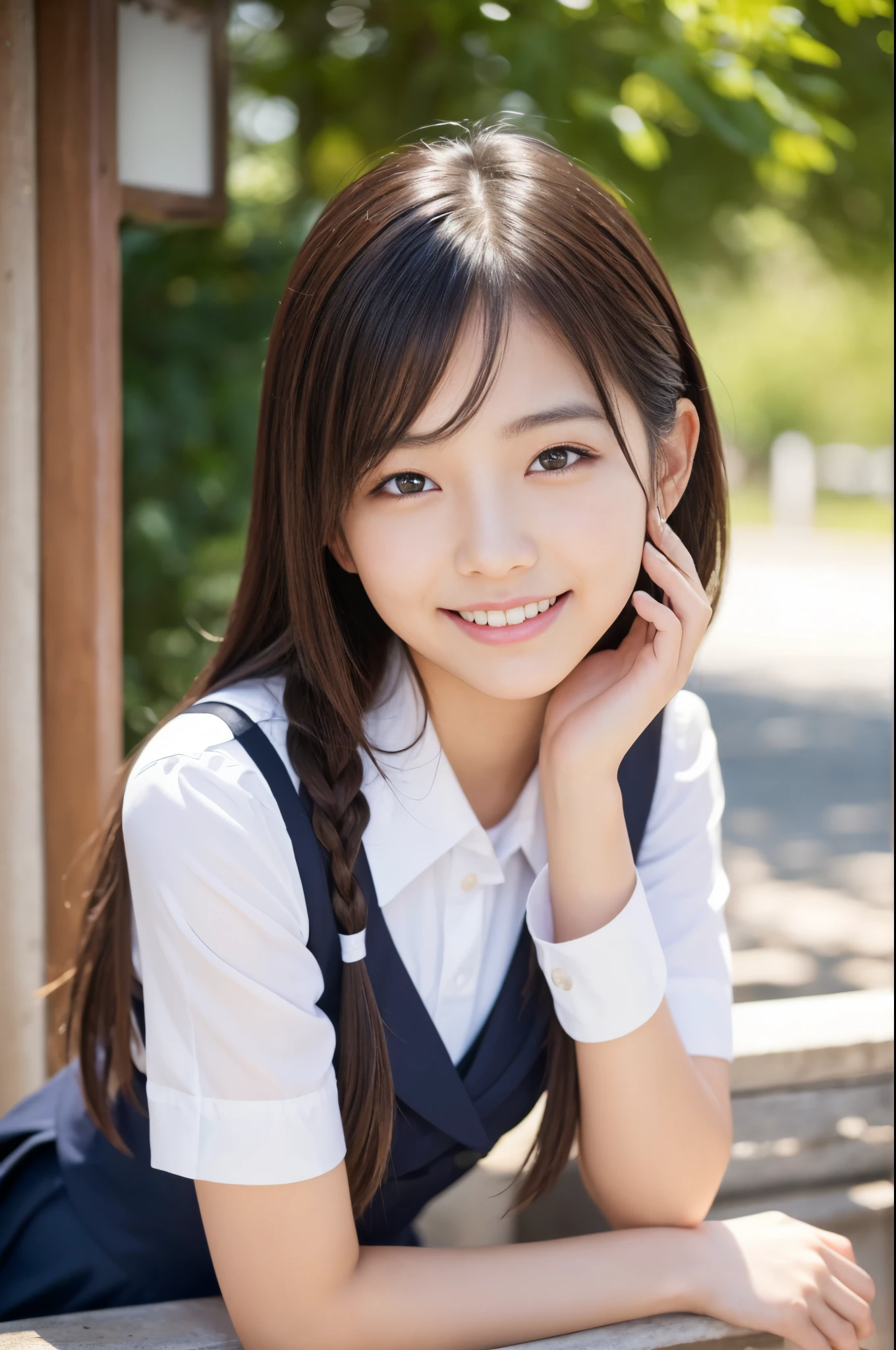 (8K、Raw photography、top-quality、​masterpiece:1.2)、(realisitic、Photorealsitic:1.37)、ultra-detailliert、超A high resolution、女の子1人、View photographer、(beautifull detailed face、Golden ratio face on left and right、well-balanced eyes、二重まぶた)、Beautiful detailed skin、Skin Texture、Professional Lighting、(Very beautiful 16 year old girl)、Japan School Uniforms、Happy smile