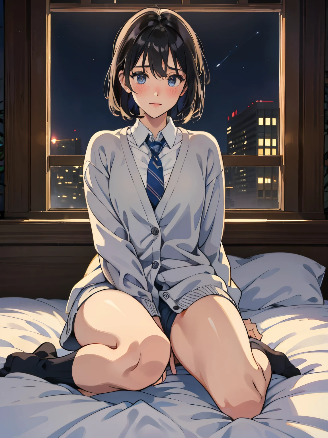 hight resolution、８K,cute little、Amazing beautiful girl,female high-school student、 Anime style, 、18year old、on the bed、A dark-haired、Glamour、Colossal tits、de pele branca、wide-open legs、Very embarrassing、red blush。 Best Quality , Textured skin、 high details, High quality,Short hair、No shoes,nudde,pubick hair、Black short socks、 hair、Open the crotch,Anime-style eyes,Anime-style nose,Anime-style mouth、Turn your pubic area towards me、Highlights in the eyes、night lights、pov from down、Tempting、white  shirt、Blue tie、 Gray cardigan,I'm showing my pubic area,Lower body nudity、Thigh opening、pubick hair、masturbation,anus