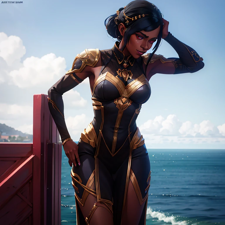 Dark elf woman in a majestic dress standing on a balcony, she has ruby-red eyes and grey skin, grey-skinned, black hair, polite smile, 35 years old, view onto the ocean, extremely detailed artgerm, style artgerm, in style of artgerm, artgerm style, artgerm detailed, style of artgerm, aly fell and artgerm, samira from league of legends, drawn in the style of artgerm, artgerm lau