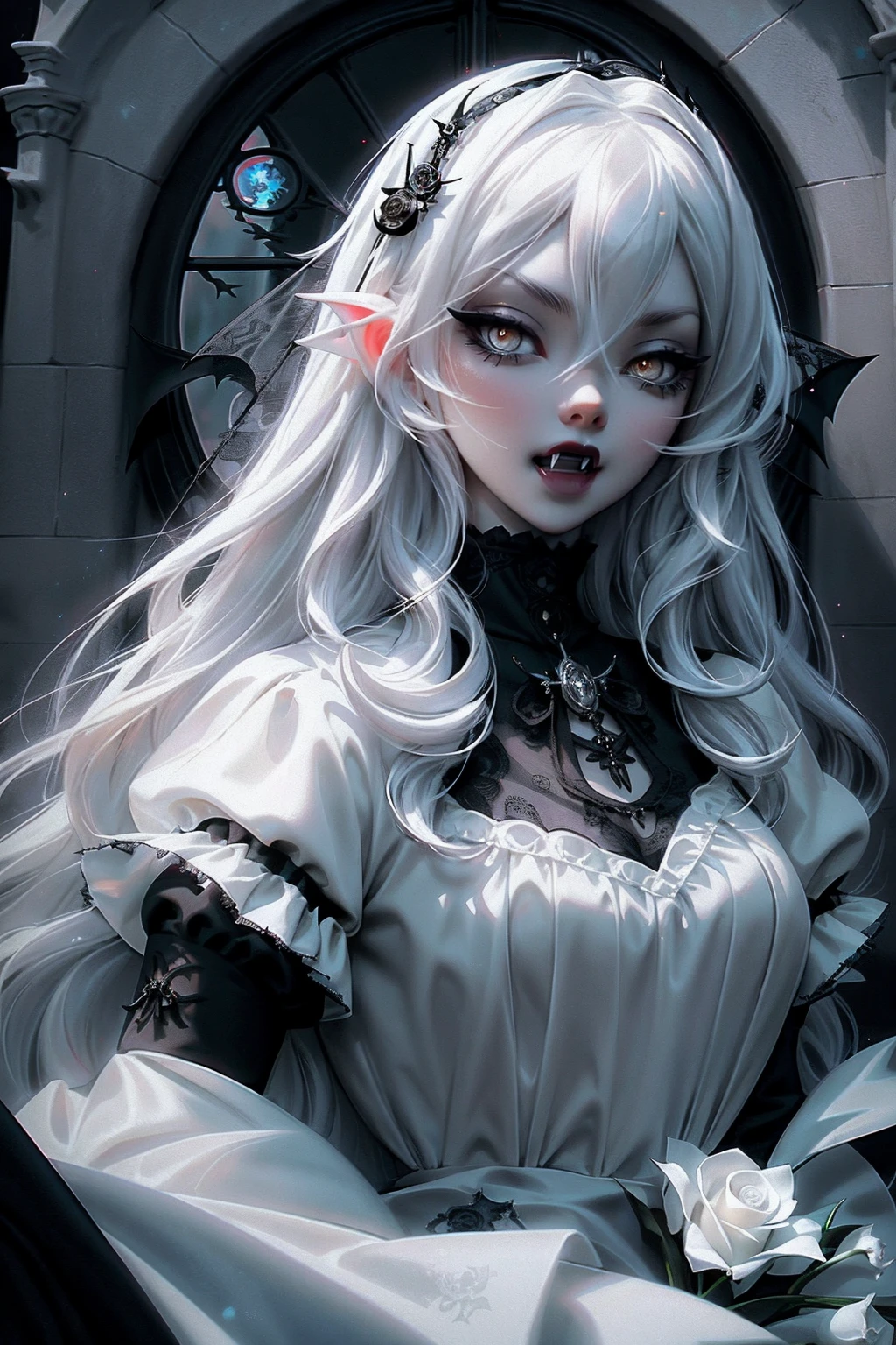 anime Vampire Princess, long white hair, gothic style, roses in hair, dark black eyelashes, white glow irises, fangs, light blue dress, digital illustration, comic style, gothic renaissance, perfect anatomy, centered, approaching perfection, dynamic, highly detailed, gothic castle detailed background, blood,  artstation, concept art, smooth, sharp focus, illustration, art by wlop and ross tran ,glitter