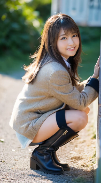 (Photorealistic), (ultra high realistic), (Ultra high definition), (ultra high detailed), (Increase contrast), (Increase saturation), ( girl), A pretty woman with perfect figure, Cute face, Beautiful expression, (Lifelike face), Beautiful hairstyle, Realistic eyes, beautiful detail, (real looking skin、de pele branca), Beautiful skins, enticing, The ultra -The high-definition, A hyper-realistic, Realistic, Very detailed, Japanese, semi long hair, bangss), (Light brown short wool coat and knee-high boots、japanese cute idol, Tartan check)((Extra short miniskirt、Tartan check)) Gentle smile, Brown hair, 、The cleavage looks bold、beutiful breast、thin-waist、sand beach((squatting))、Looking back、Angle from behind、medium-full shot