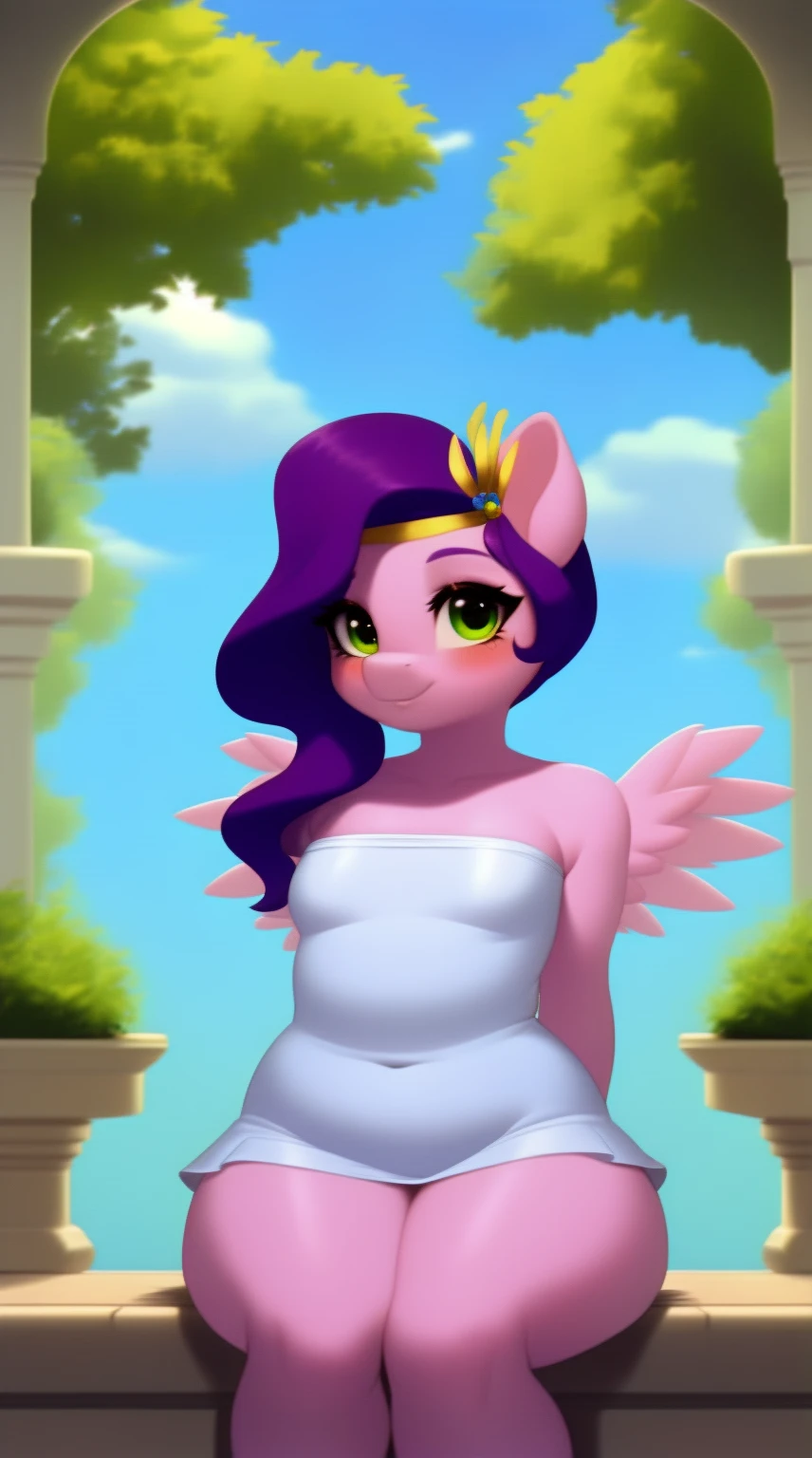 (score_9), (source_pony), (solo), (pegasus), ((anthro pipp petals :1.1)), (short tube dress), sexy, blushing, seductive look, long hair, anatomically correct, night garden, very flat chest, half body, anime art style, solo, light purple fur, green eyes, arms behind back, hourglass figure, curvy, wide hips, plump body, young, short, chubby, cute, high res, thick thighs, facing straight at viewer,