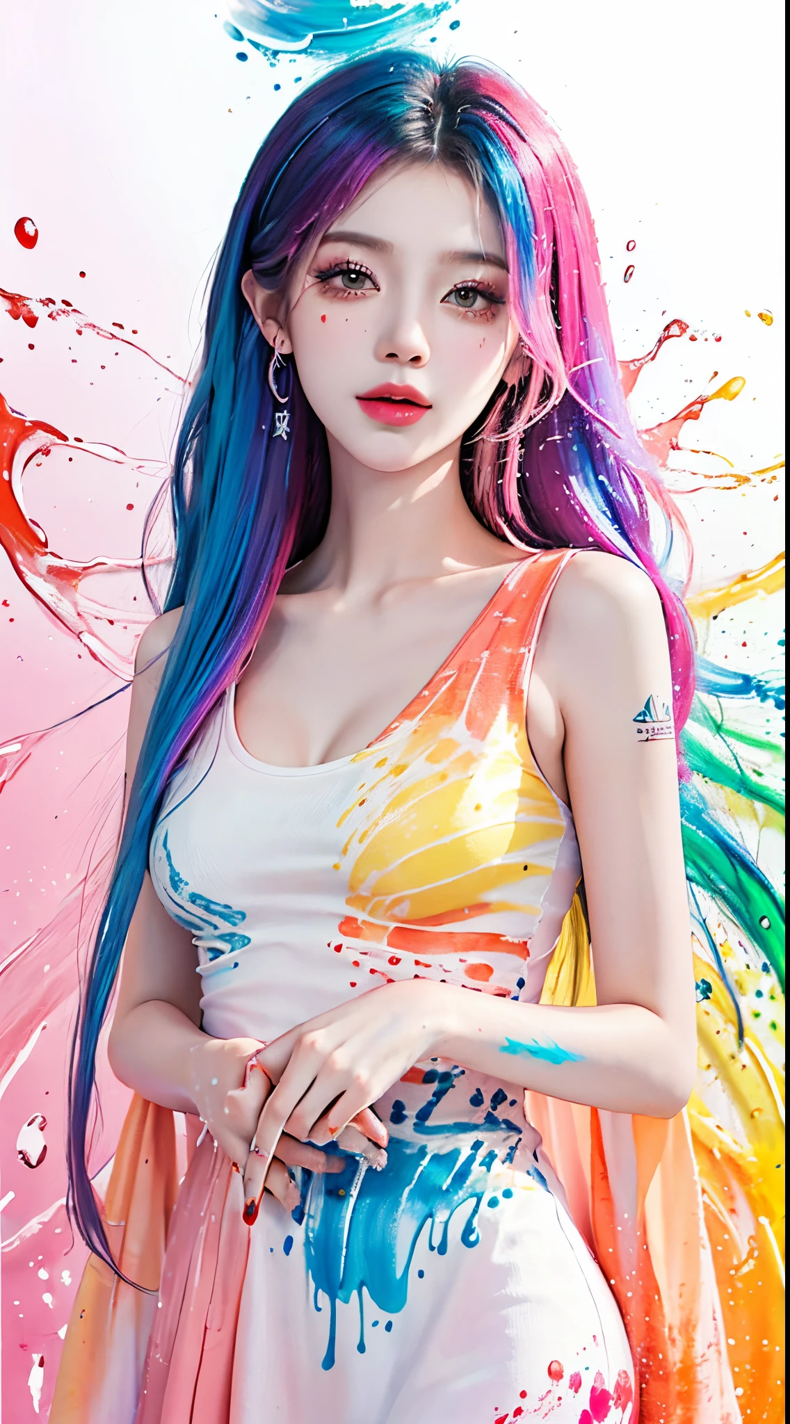 (Masterpiece, Best Quality, High Resolution), White Background, Rainbow color, ((Paint Splash, Color Splash, Splash of Ink, Color Splash)), Sweet Chinese Girl, Rainbow Hair, Pink Lips, Front, Upper Body, Look at viewer, Standing