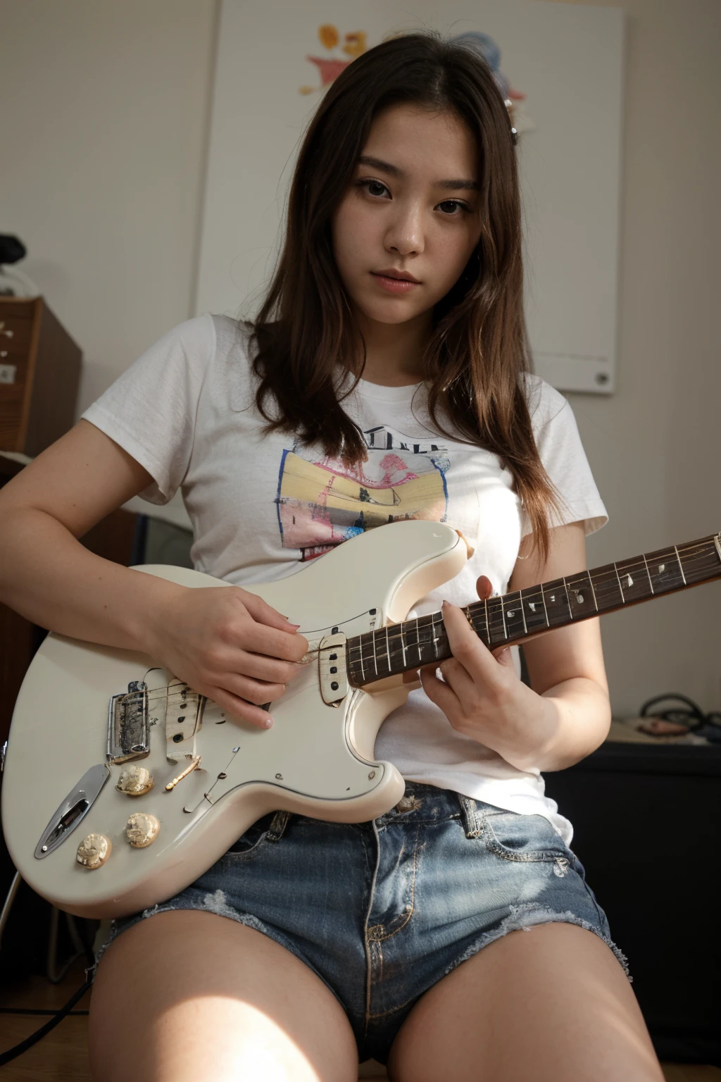 ((best quality)), ((masterpiece)), (detailed), perfect face, playing guitar, south korean girl, age 19, red fender stratocaster,