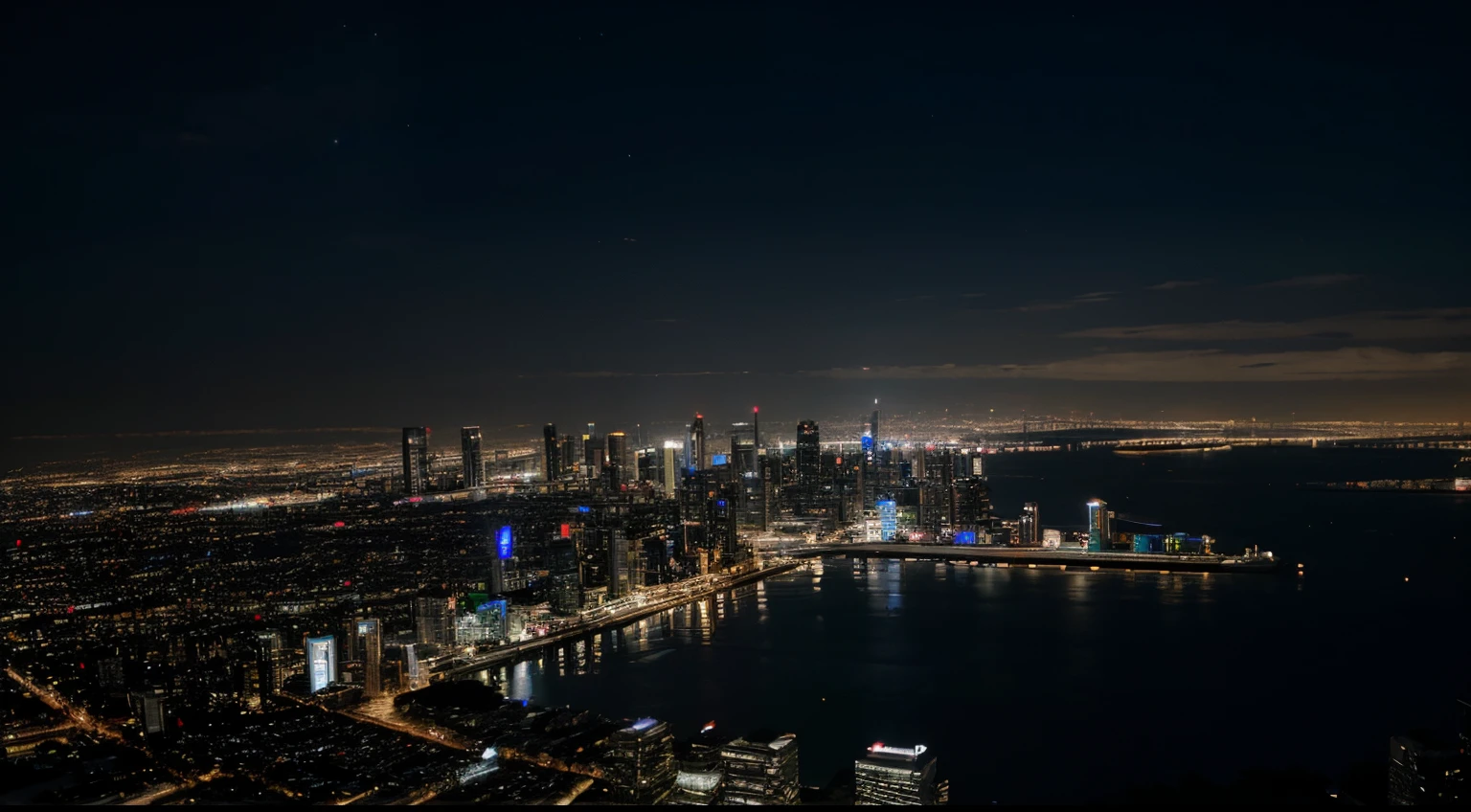 Big City in night from the distance, lof of skyscraper,