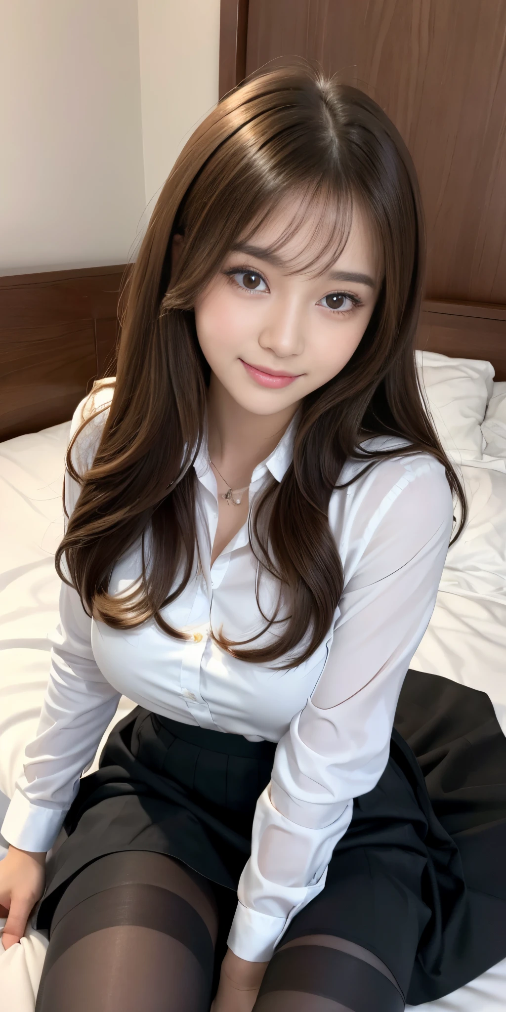 top-quality、超A high resolution、(Photorealsitic:1.4)、Beautie、Korean Idols、21years old、length hair、light brown hair、Clean and wavy hairstyle、Detailed face of giant titla)、Big sparkling eyes, beautidful eyes、A smile、High school girl sitting on bed at home、(white  shirt、pleatedskirt、Black pantyhose)