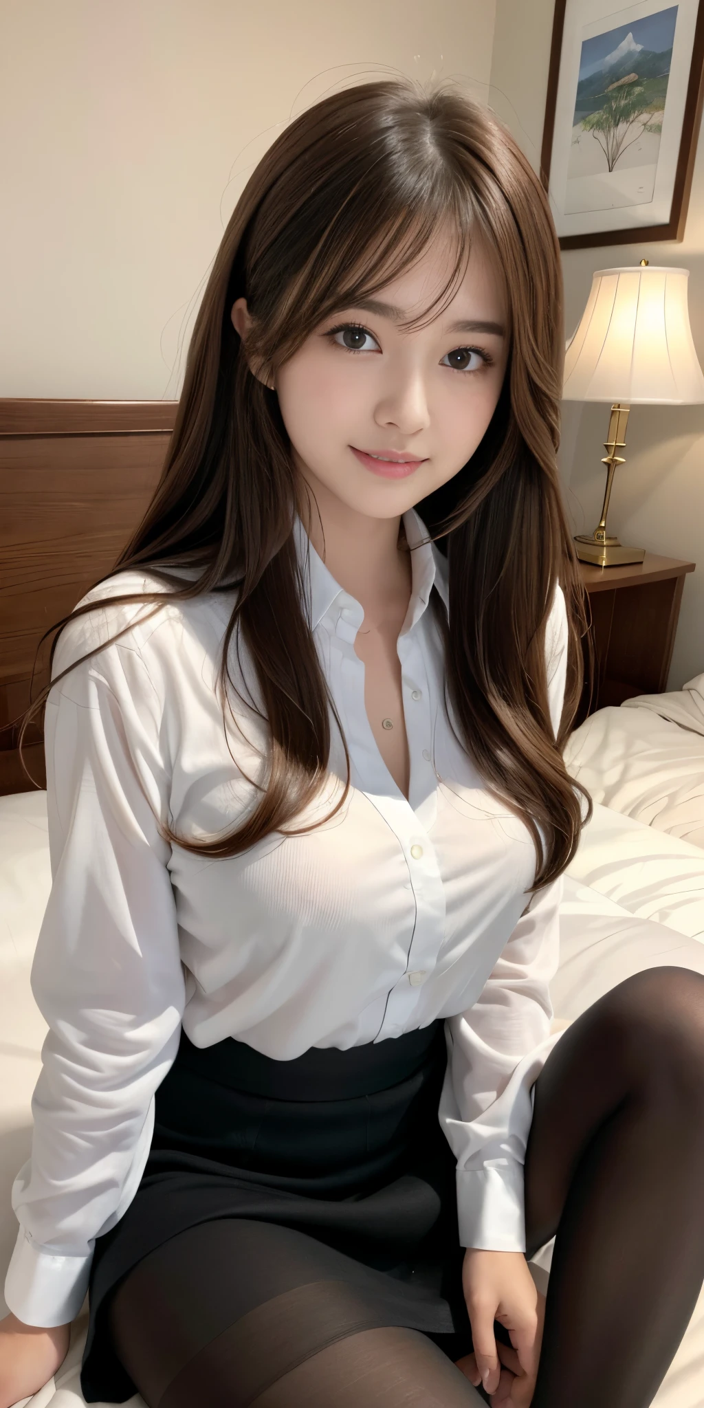 top-quality、超A high resolution、(Photorealsitic:1.4)、Beautie、Korean Idols、21years old、length hair、light brown hair、Clean and wavy hairstyle、Detailed face of giant titla)、Big sparkling eyes, beautidful eyes、A smile、High school girl sitting on bed at home、(white  shirt、pleatedskirt、Black pantyhose)