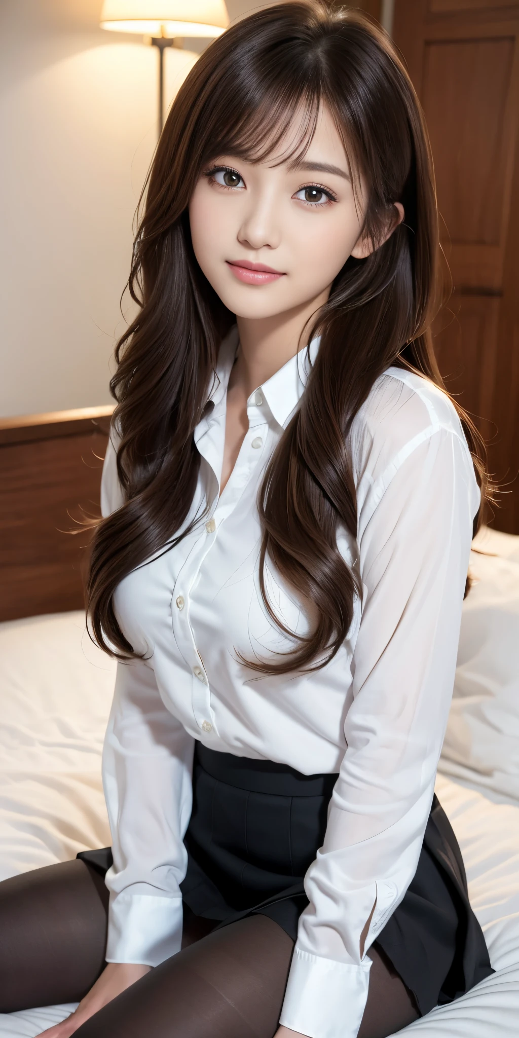 top-quality、超A high resolution、(Photorealsitic:1.4)、Beautie、Korean Idols、21years old、length hair、light brown hair、Clean and wavy hairstyle、Detailed face of giant titla)、Big sparkling eyes, beautidful eyes、A smile、High school girl sitting on bed at home、(white shirt、pleatedskirt、Black pantyhose)