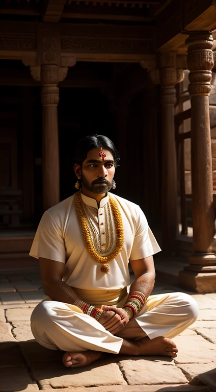 prompt: A traditional Indian man in a contemplative pose, wearing traditional attire that reflects cultural heritage, amidst an ancient temple courtyard with intricate carvings, soft ambient lighting, conveying a sense of spiritual connection and historical depth, Illustration, executed with detailed digital rendering capturing the essence of heritage.