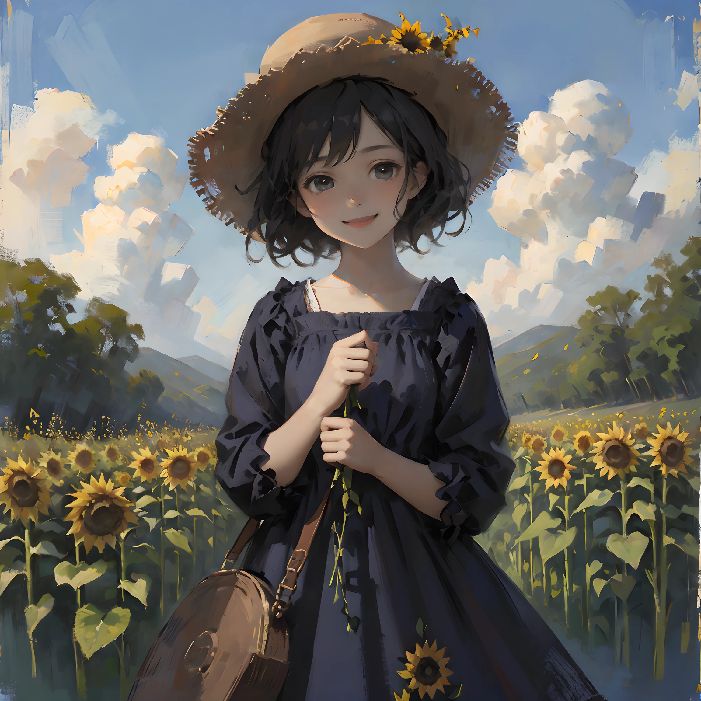 1 ***********, wearing hat, a blue dress, Standing among sunflowers, himawari,looks into camera，smiling happily, OilPaintStyle, Excellent paintings,