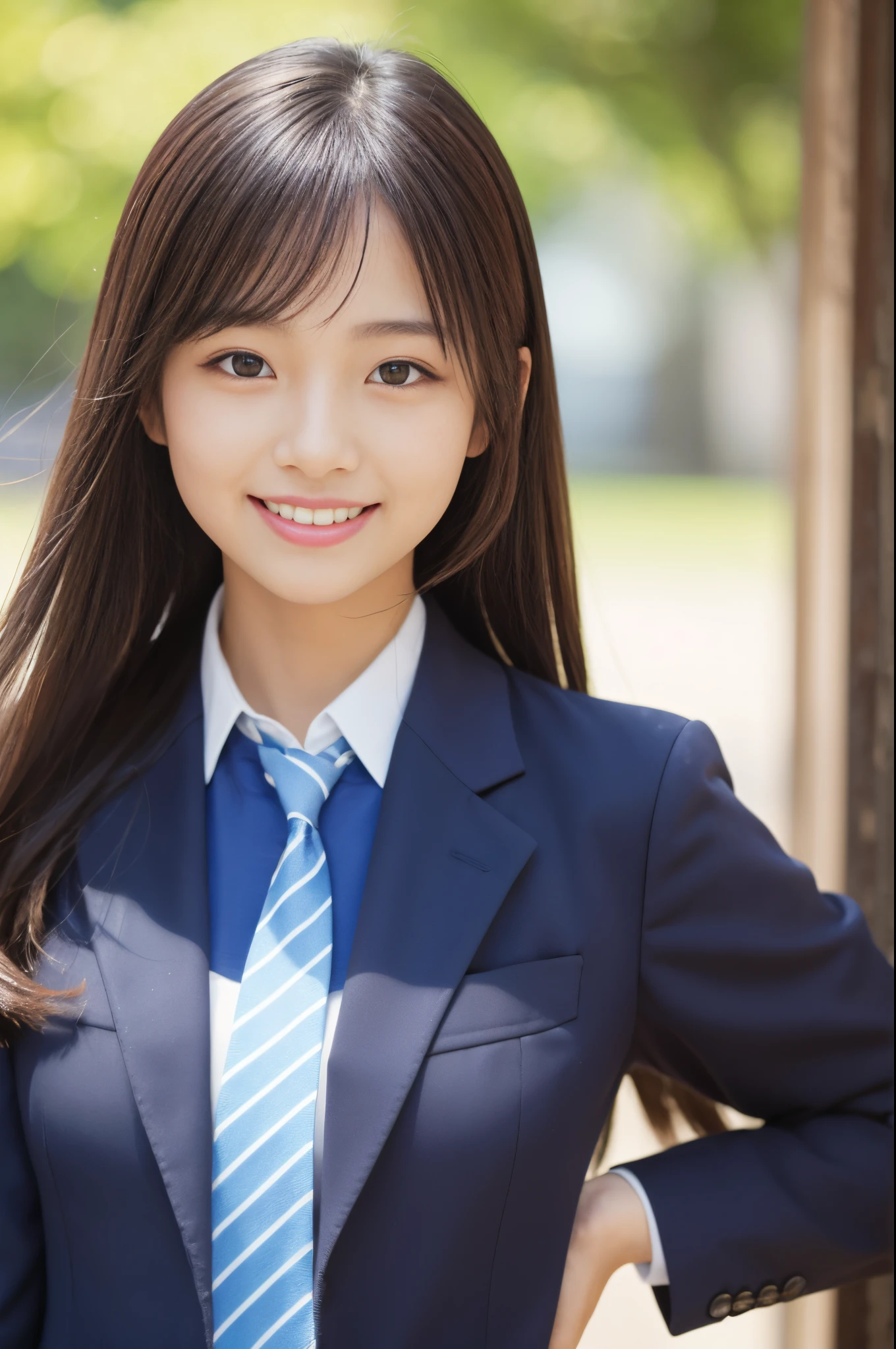 (8K、Raw photography、top-quality、masterpiece:1.2)、(realisitic、Photorealsitic:1.37)、ultra-detailliert、超A high resolution、女の子1人、(beautifull detailed face、Golden ratio face on left and right、well-balanced eyes、二重まぶた)、Beautiful detailed skin、Skin Texture、Professional Lighting、japanese hight school uniform、hi-school girl、Happy smile