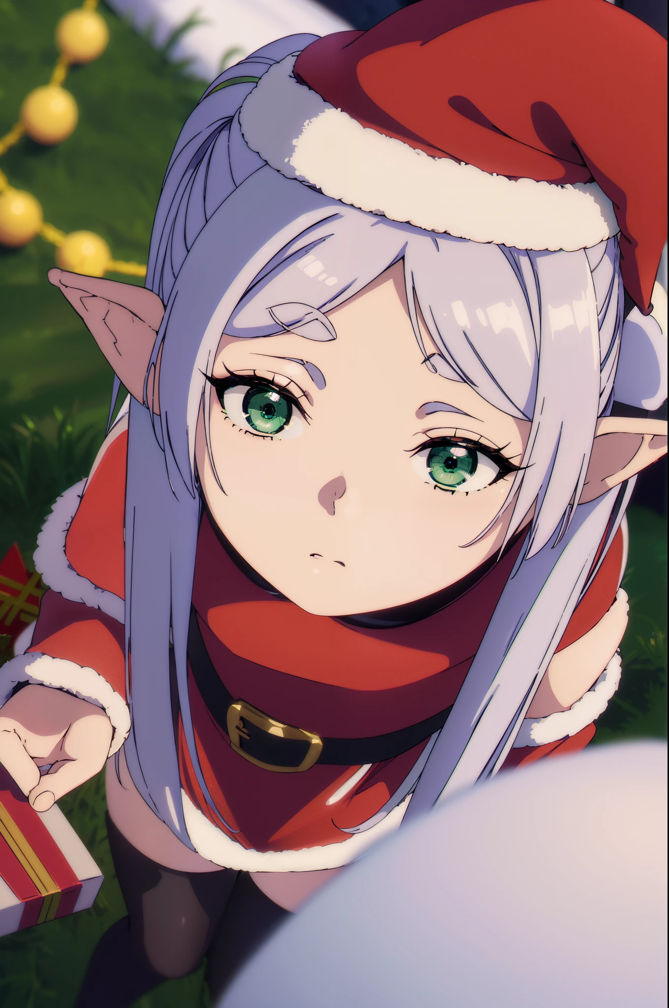 freeze, freeze, Long hair, Twin-tailed, (Green eyes:1.5), Grey Hair, pointy ear, (santa dress:1.3), (santa hat:1.3), (Black stockings:1.3), a belt, Take a break and watch the audience, BREAK outdoors, skyporn, Nature, face focus break (masutepiece:1.2), Best Quality, High resolution, Unity 8k壁纸, (Illustration:0.8), (Beautiful detailed eyes:1.6), extra detailed face, Perfect Lighting, extremely details CG, (Perfect hands, Perfect Anatomy), snowflakes falling, Christmas present