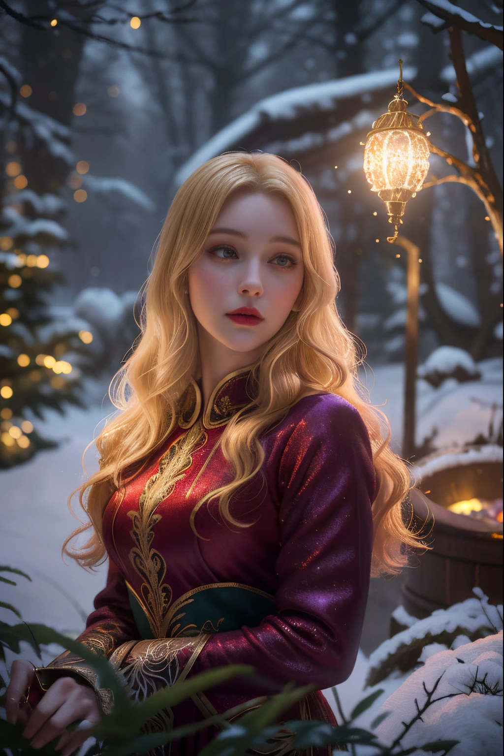 a woman wearing a modest purple dress, blonde hair, Winter holly, Embroidery, evergreen, winter scene, vintage , (gold and red sparkles), whimsical, sharp focus, contour, intricately detailed, unreal engine, fantastical, complementary colors, oil painting, heavy strokes, dreamy, fantasy concept art, 16k resolution, HW*