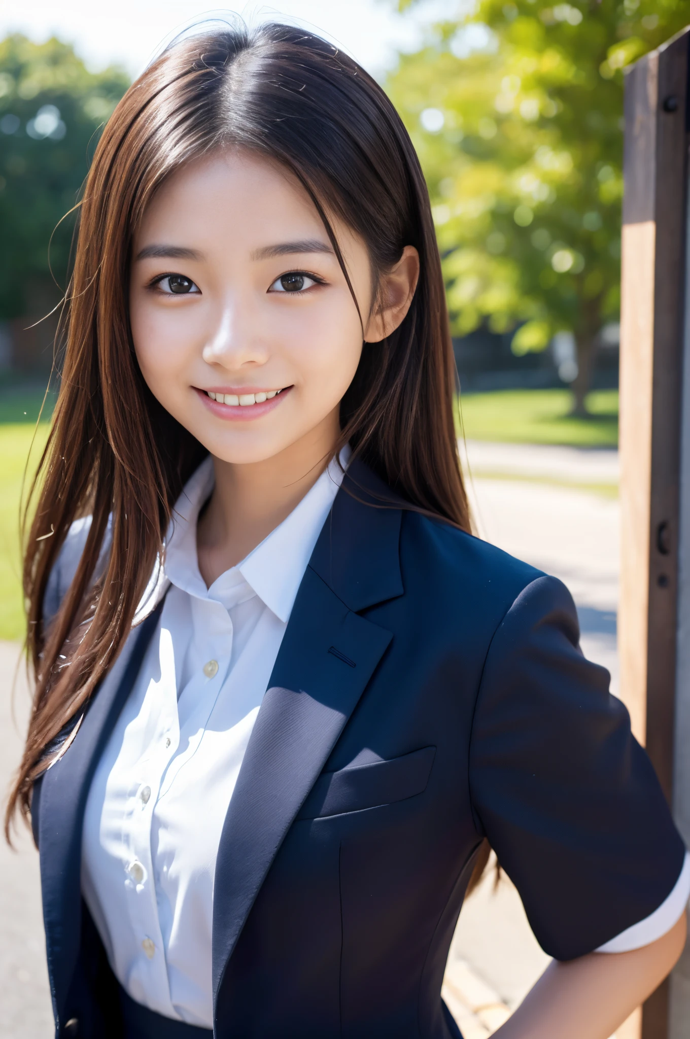 (8K、Raw photography、top-quality、masterpiece:1.2)、(realisitic、Photorealsitic:1.37)、ultra-detailliert、超A high resolution、女の子1人、(beautifull detailed face、Golden ratio faces to the left and right、well-balanced eyes、二重まぶた)、Beautiful detailed skin、Skin Texture、Professional Lighting、japanese hight school uniform、hi-school girl、Happy smile