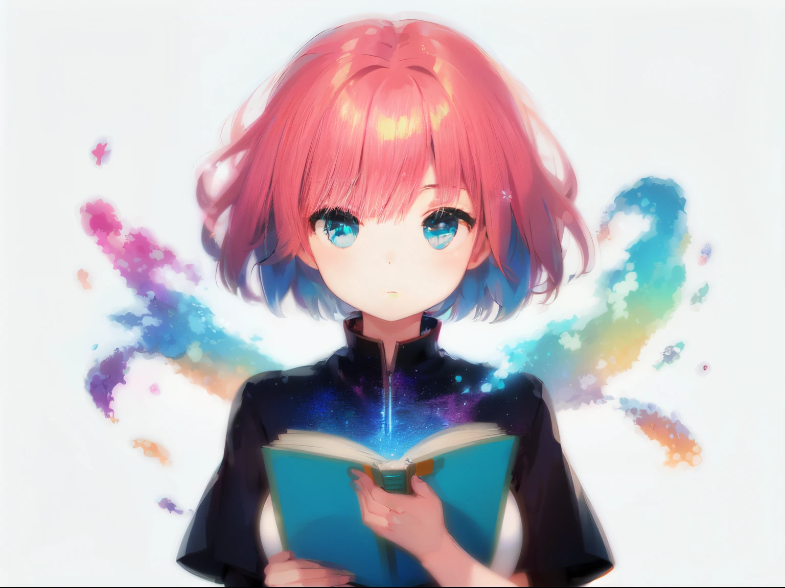 (Best Quality, Masterpiece), 1girl, reading a book, particle, the wind, flower, upper-body, Simple background, looking a viewer, rainbow hair, Turquoise Short Floating Dress, cosmic, nebulas, galaxy