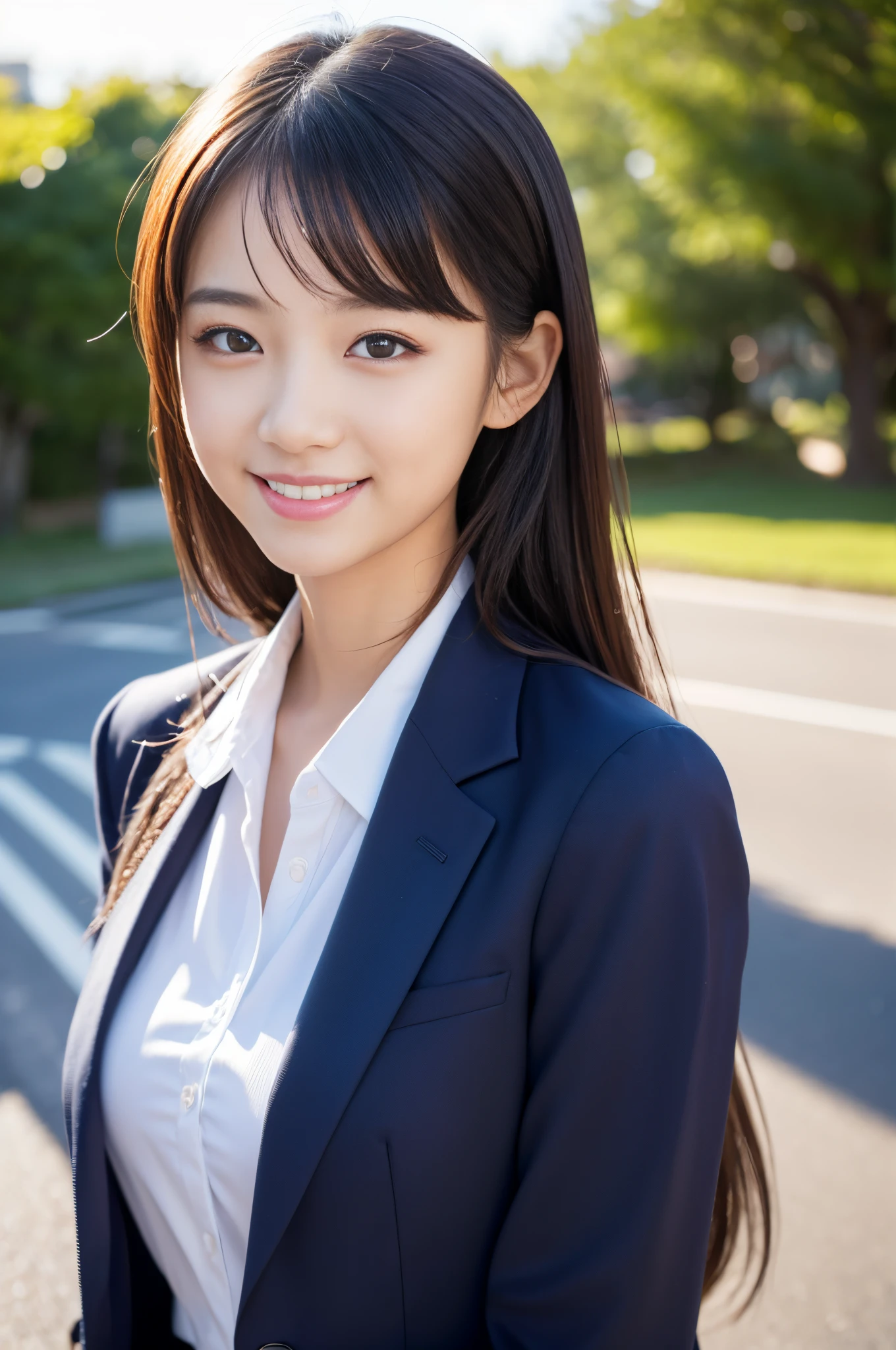 (8K、Raw photography、top-quality、​masterpiece:1.2)、(realisitic、Photorealsitic:1.37)、ultra-detailliert、超A high resolution、女の子1人、(beautifull detailed face、The golden ratio is oriented left and right、well-balanced eyes、二重まぶた)、Beautiful detailed skin、Skin Texture、Professional Lighting、japanese hight school uniform、hi-school girl、Happy smile