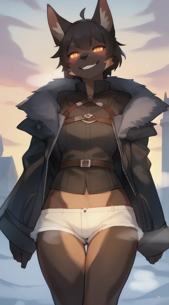 独奏, (A  girl:1.2), , eye liner, lips, Short shorts, Jacket with long sleeves, Adventure Clothing, dnd, Author: Bebebebebe, Belgian Shepherd Groenendael, black fur color, Fluffy, Black lip gloss, Short Hair Hair, small waist, wide hips,  Slim, the perfect body, The dominant point of view, predatory smile, steam from the body, Winter is coming, warrior, Burning eyes