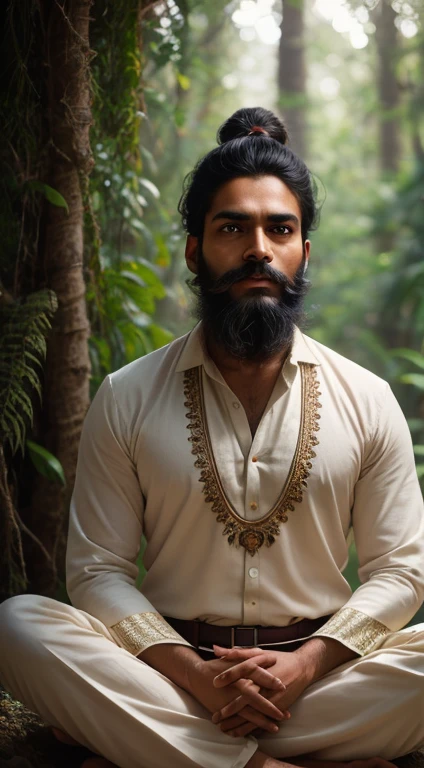 Photo portrait of abhinavagupta sitting in meditation, male, black haired man with bun on top of head with rudraksha seeds, beard and mustache, natural skin texture, 24mm, 4k textures, soft cinematic light, adobe lightroom, photolab, (detailed eyes: 1.1), best quality, illustration, (detailed lighting: 1.2), (beautiful detailed brightness: 1.3), white Indian shirt and pants, Intricate, digital painting, smooth, sharp focus, realistic epic, (HDR:1.4), (muted colors:1.4), neutral colors, night, refractions of screen space, (intricate details, hyperdetailed:1.3), cinematic photo, vignette, background in a forest