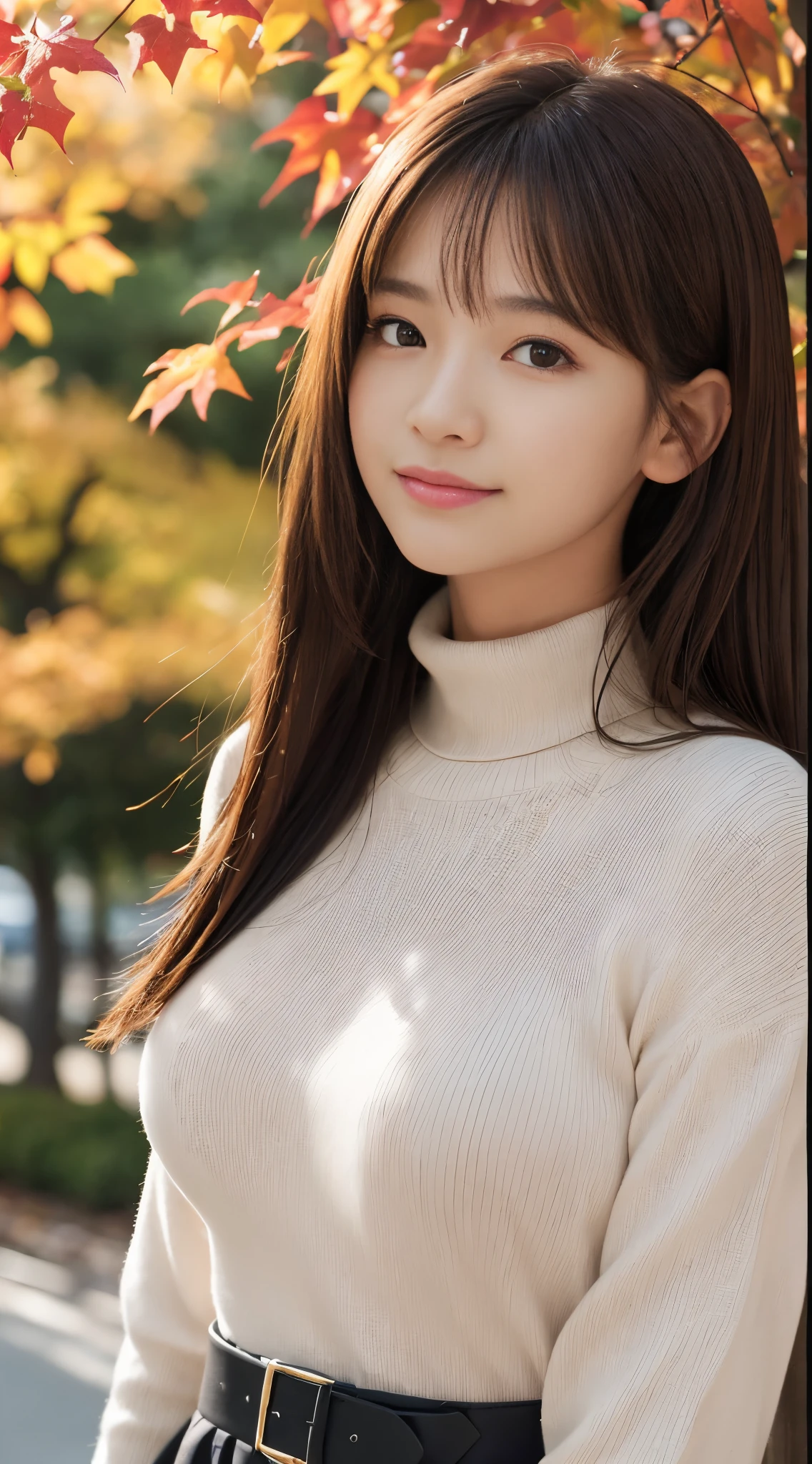 masutepiece、Best Quality、 ultra-detailliert、hight resolution、8K Wallpapers、Perfect dynamic composition,、beautiful detailed eyes beautiful big breasts:1.4)、masutepiece,Best Quality,Ultra-detailed,finely detail,hight resolution,in 8K,((Photorealsitic:1.4,Raw photography,超A high resolution,Top image quality:1.4)),Cute Girl、、17age、A slender、a small face、Repeated plum、A smile、Brown hair、The long-haired、straight haired、Light brown long-sleeved knit with small turtleneck、Compact shoulder bag、The belt of the bag passes through the chest、long red skirt、Tree-lined avenue of autumn leaves、