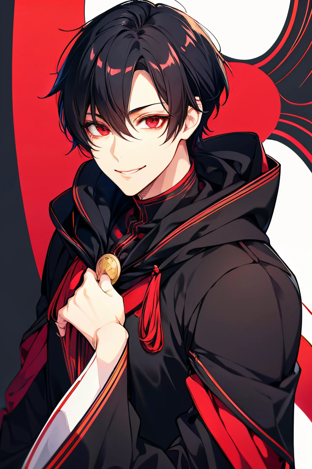 Black_hair, short_hair, red_eyes, really_red_eyes, detailed_eyes, beautiful_eyes, 1man, smiling, psycopath_smile, dress, black_hood
