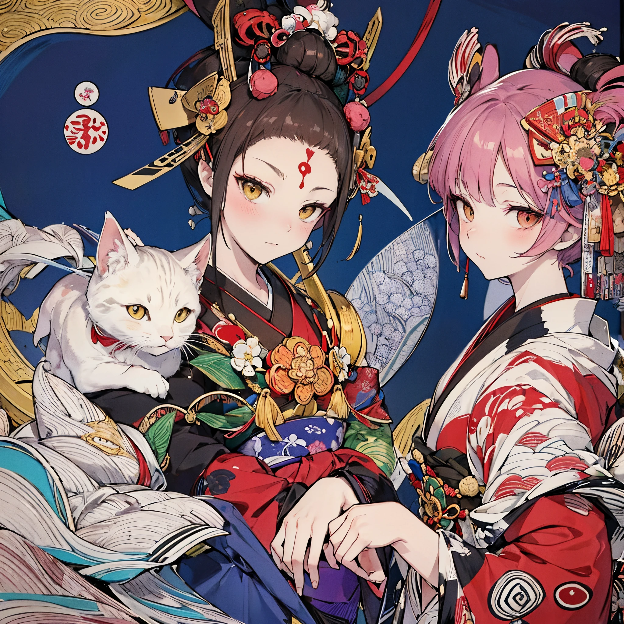 masutepiece, of the highest quality, vague, Fuji, Japanese cat holding a sea bream on a white background, Short hair, samurai kitten, slightly larger ears, kitten warrior (A white cat with two black circles on its head), Cat in armor, anthropomorphic cat ninja, Samurai god wearing carp armor, Written by Tanyu Kano, High resolution, Colored, Ukiyo-e style, Inspired by Utagawa Kuniyoshi,Fibonacci、Zentangle, beautiful complex、 Intertwined official art, Integrated 8K wallpapers, high details, Aesthetic, High quality, Beautiful, Masterpieces, The best images.