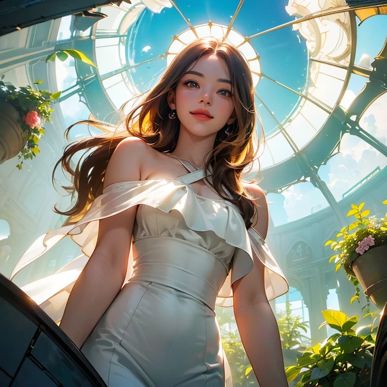 ( Masterpiece, best quality , shot from below , 75mm lens, fisheye:1.2 ), ((pov from below:1.4)), (( beautiful, luxurious, greenhouse dome:1.5, glass panels, plants of colours, vibrant , extreme high detailed, intricate details )). ( 1woman_/(kimtaeyeon/), narrow face, strong jaw, [plump cheeks], transparent glasses, dark hair with blonde highlights, loving smile, beautiful eyes, caring smile, wearing beach summer ootd ), ( cinematic lighting, backlit, soft light)