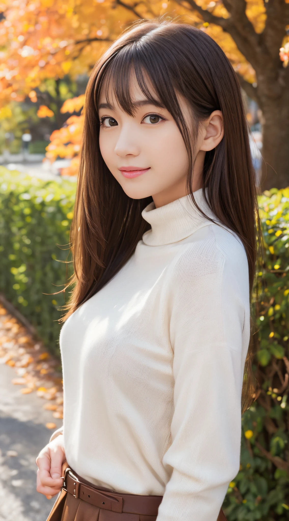 masutepiece、Best Quality、 ultra-detailliert、hight resolution、8K Wallpapers、Perfect dynamic composition,、Beautiful big breasts with delicate eyes:1.4)、masutepiece,Best Quality,Ultra-detailed,finely detail,hight resolution,in 8K,((Photorealsitic:1.4,Raw photography,超A high resolution,Top image quality:1.4)),Cute Girl、、17age、A slender、a small face、Repeated plum、A smile、Brown hair、The long-haired、straight haired、Light brown long-sleeved knit with small turtleneck、Compact shoulder bag、The belt of the bag passes through the chest、long red skirt、Tree-lined avenue of autumn leaves、