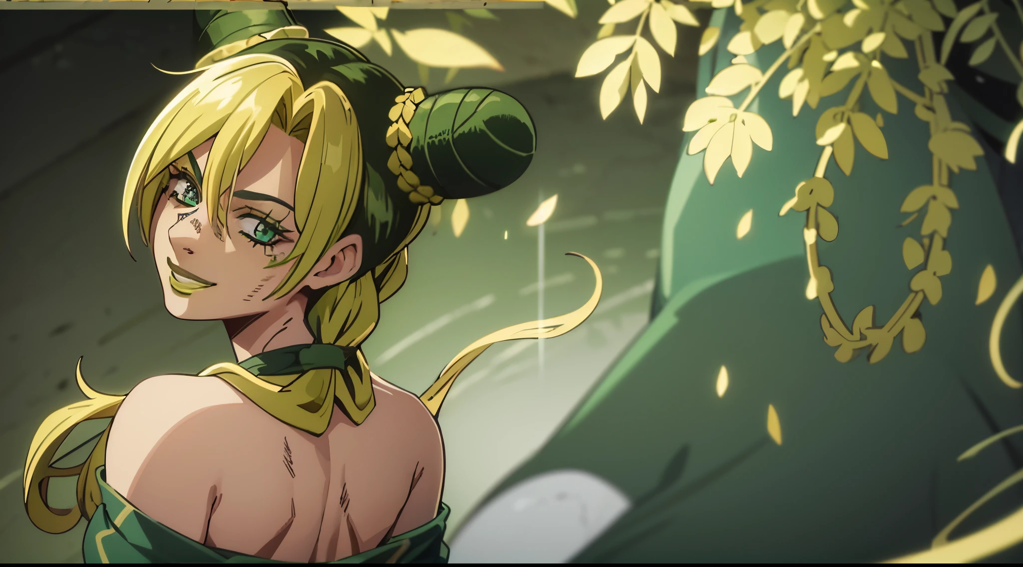 masterpiece, best quality, high quality, drawn illustration , green and yellow inksplash effect, 1girl, solo, Wedding dress ,looking at viewer, upper body, jolyne , long hair, green hair with blonde strands, light green eyes, smile