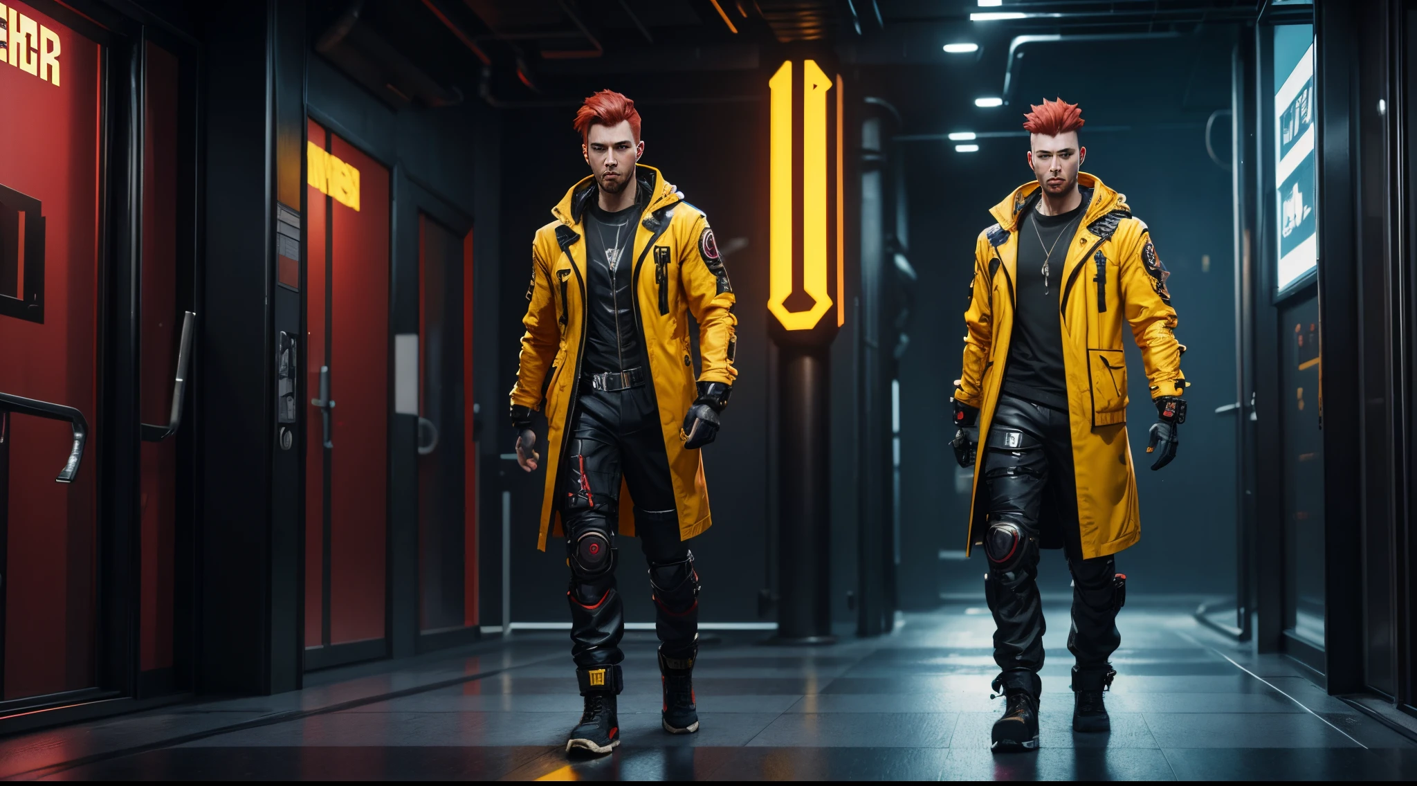 Full body wide angle shot,Cyberpunk male character, red hair, yellow jacket, Ultra HD, 8k, Realistic render