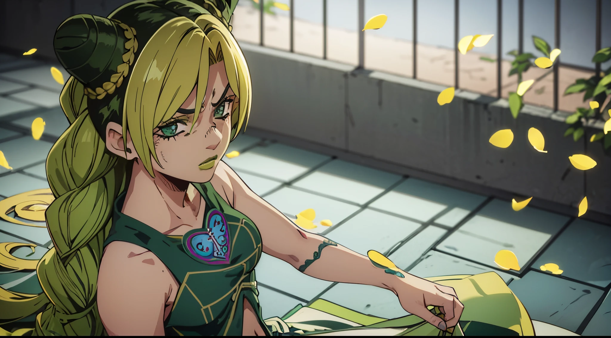 masterpiece, best quality, high quality, drawn illustration , green and yellow inksplash effect, 1girl, solo, Wedding dress ,looking at viewer, upper body, jolyne , long hair, green hair with blonde strands, light green eyes, angry , powerful