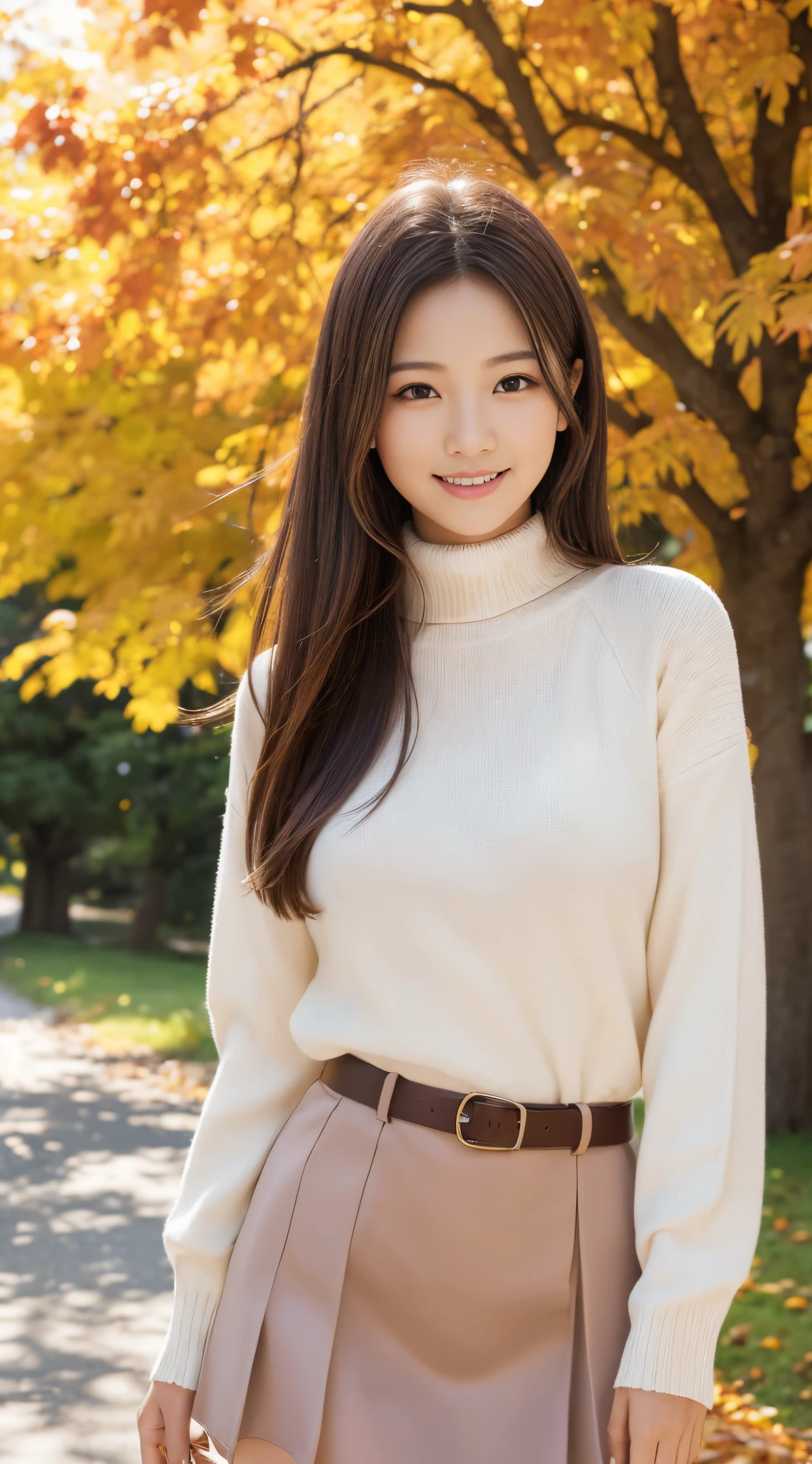 (top-quality、8K、32K、masterpiece)Beautiful woman、A Japanese Lady、Cute、White knitwear、Pleated mini-skirt、a smile、full bodyesbian、Portrait、a park、autumnal、booty,pose