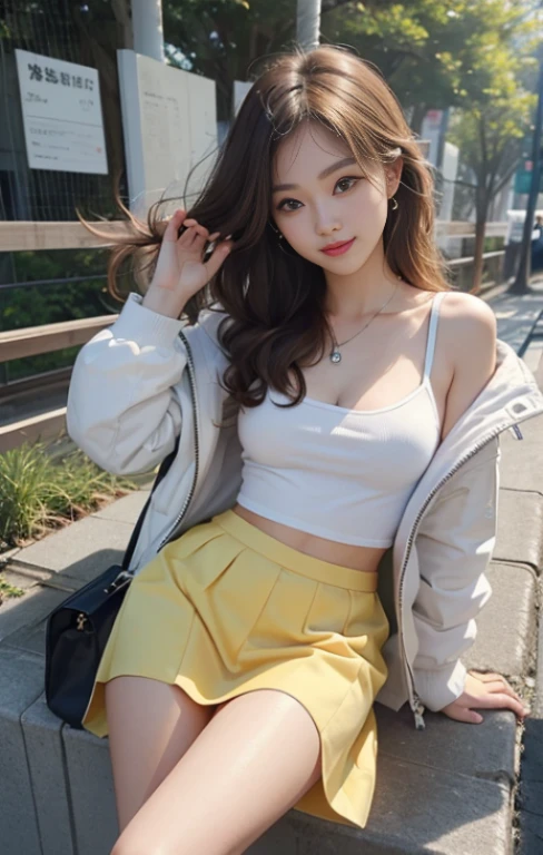top-quality、masterpiece、超A high resolution、Photorealsitic、Raw foto、1girl in、Sexy appearance、Hair past the shoulders、The lower half is curled and sauvage、Cute smile like a model、frontage、Hair color is blonde、Tight yellow mini skirt、Ordinary high heels、Eyes are double、Wearing mascara、Cute pose like a model、Clear face、Standing in a large park on a sunny day、The season is winter、Wear a trendy white down jacket、Tight yellow mini skirt、