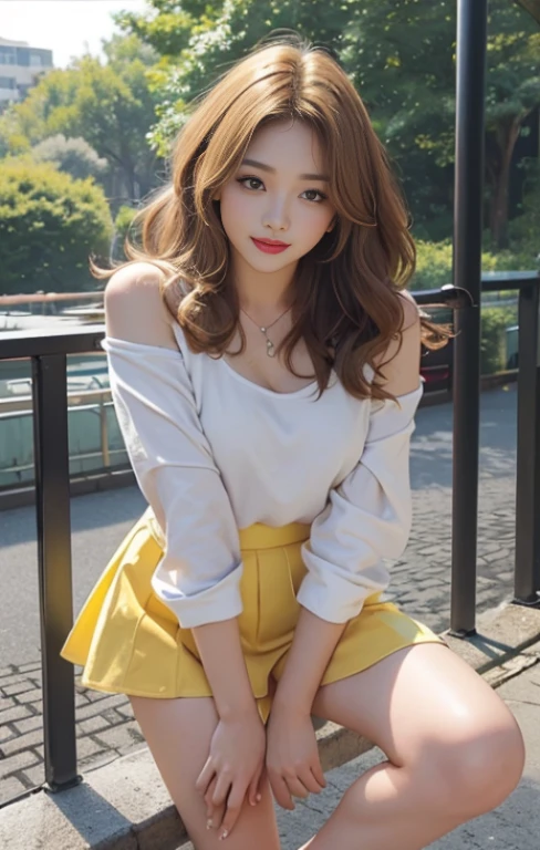 top-quality、​masterpiece、超A high resolution、Photorealsitic、Raw foto、1girl in、Sexy appearance、Hair past the shoulders、The lower half is curled and sauvage、Cute smile like a model、frontage、Hair color is blonde、Tight yellow mini skirt、Ordinary high heels、Eyes are double、Wearing mascara、Cute pose like a model、Clear face、Standing in a large park on a sunny day、The season is winter、Wear a trendy white down jacket、Tight yellow mini skirt、