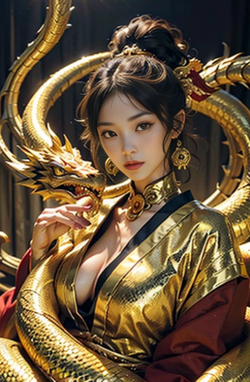 Best Quality,High quality,hight resolution,hyper realistic photography, Raw photography, top-quality、The eight-pronged serpent of Japanese mythology、Golden Dragon、in the golden cave、red ball on the right、Deities々Right、Mystical、spiritual、