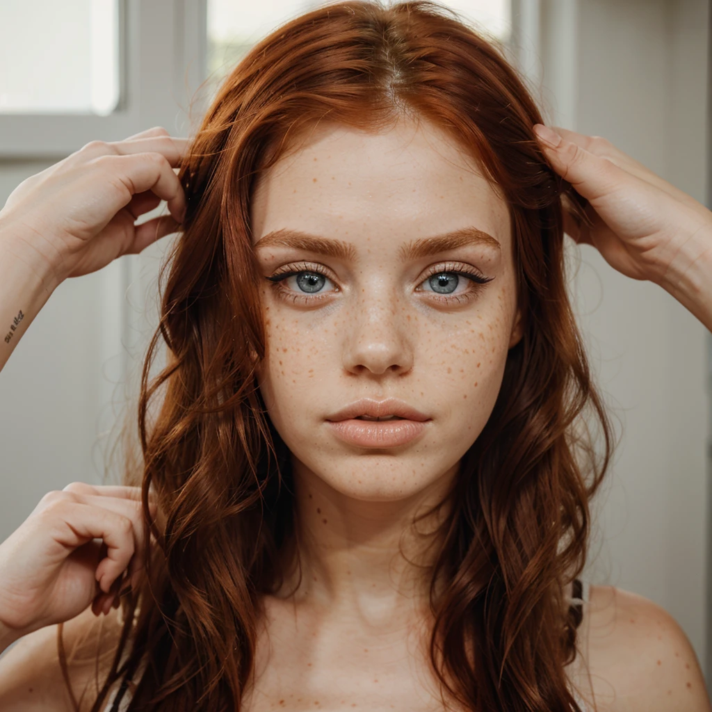 Beautiful model face, freckles, red haired, blue eyes, big eyes, big lips