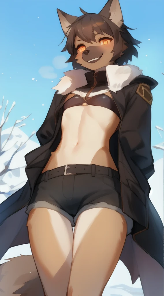 独奏, (A girl:1.2), , eye liner, lips, Short shorts, long-sleeved jacket, Adventure Clothing, dnd, Author: Bebebebebe, Belgian Shepherd Groenendael, black fur color, Fluffy, Black lip gloss, Short Hair Hair, small waist, wide hips, Slim, the perfect body, The dominant point of view, predatory smile, steam from the body, Winter is coming, warrior, Burning eyes