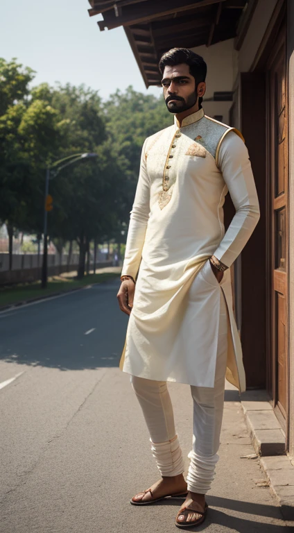 indian man, 25-years old, traditional kurta, braclet in hand, Standing, 3D rendering, hyper-realistic, shot on Indian road, natural daylight, cara de homem, gritar, real, armature, best quality, ultra high res, (photorealistic:1.4),, high resolution, detailed, raw photo, 400 camera f1.6 lens rich colors hyper realistic lifelike texture dramatic lighting unrealengine trending on artstation cinestill 800