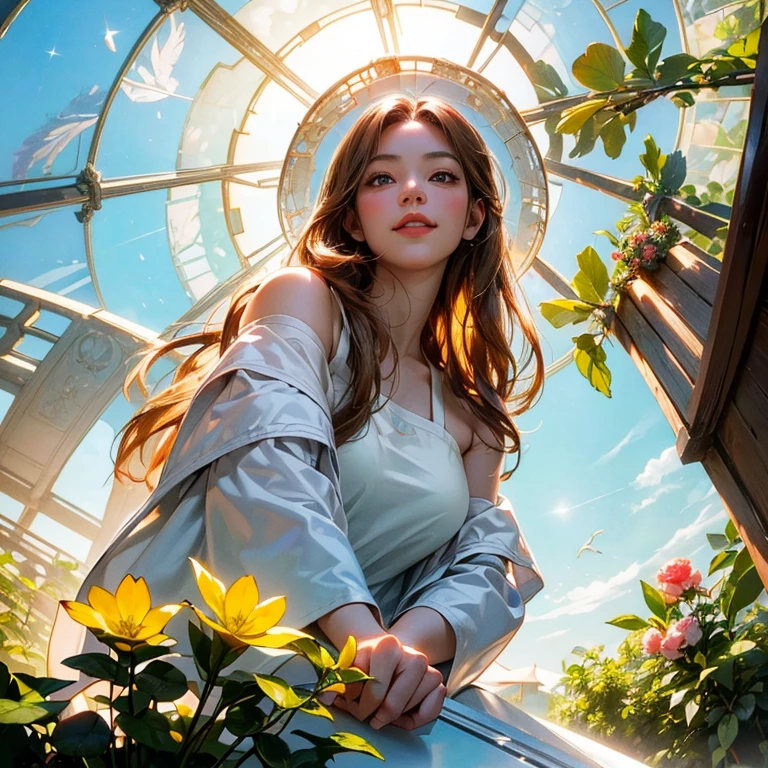 ( Masterpiece, best quality , shot from below , 75mm lens, fisheye:1.2 ), ((pov from below:1.4)), (( beautiful, luxurious, greenhouse dome:1.5, glass panels, plants of colours, vibrant , extreme high detailed, intricate details )). ( 1woman_/(kimtaeyeon/), narrow face, strong jaw, [plump cheeks], transparent glasses, dark hair with blonde highlights, loving smile, beautiful eyes, caring smile, wearing beach summer ootd ),add_detail:1 ( cinematic lighting, backlit, soft light)