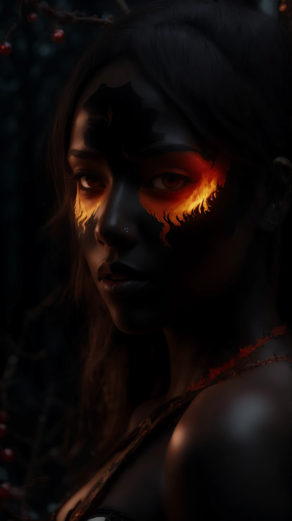 woman with black and red face and hair, covered with branches, woman made of black flames, Dark, But detailed digital art, beautiful digital artwork, Amazing digital art, gorgeous digital art, 4k detailed digital art, great digital art with details, highly detailed 4k digital art, 3d rendered digital art, realistic 4k digital art, realistic 4k digital art