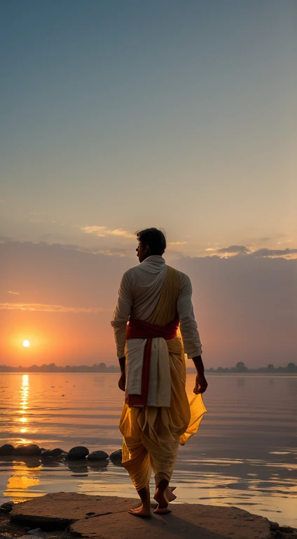prompt: An Indian man gracefully draped in a traditional dhoti, walking along the serene banks of the Ganges River during sunrise, the soft glow highlighting the traditional attire's folds and textures, with the river reflecting the warm colors of dawn, Photography, captured with a wide-angle lens for an immersive feel.