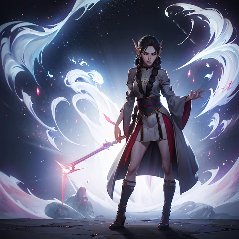 ((masterpiece)), ((best quality)), ((highres)), 1woman, solo, 35 years old, mage, (majestic robes, jewelry),(elven ears, grey skin), standing, medium hair, (blackhair, braided), (red eyes),