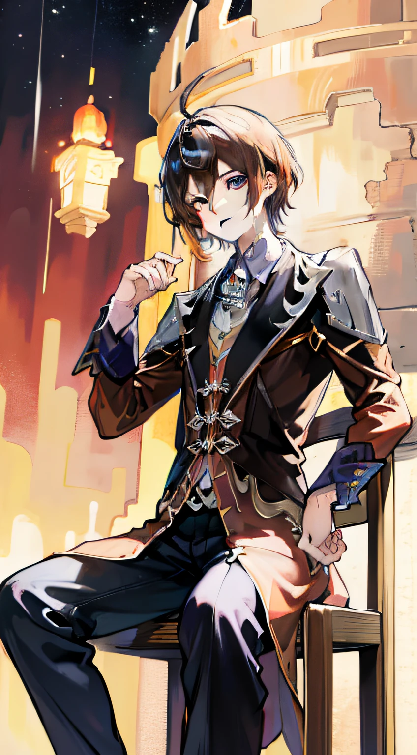 masutepiece, Best Quality, Super Detail, Illustration (1 male), mid brown hair with gray hair, Blue eyes, diadems, Sitting on a throne, castle red curtain background, Prince's clothes, his right hand was placed on the arm of the throne.、Closed fist, rest your cheek on your closed fist, Left hand on thigh, Smile from the corner of your lips,  defined jaw