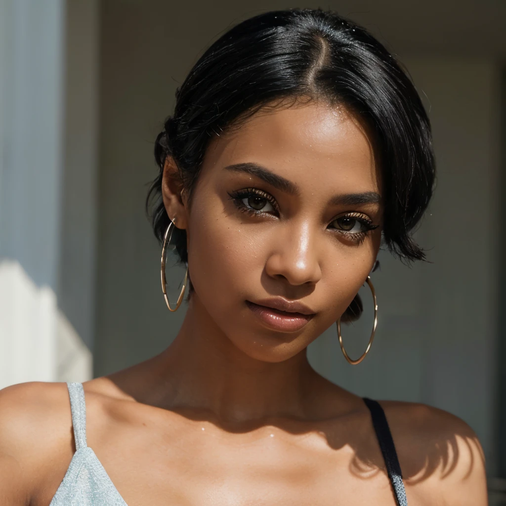 (best quality,ultra-detailed),pixie hair style on black woman,beautiful detailed eyes,beautiful detailed lips,longeyelashes,confident smile,stylish earrings,modern hairstyle,short curly hair,sleek and shiny hair,healthy-looking hair,flawless skin,beautifully defined eyebrows,natural makeup,radiant complexion,soft and glowing skin,feminine look,graceful pose,vibrant background,rich colors,artistic portrait,high contrast lighting,captivating gaze,intense expression,sophisticated style,edgy fashion,urban setting,stylish outfit,streetwear,confidence and empowerment,sense of individuality.