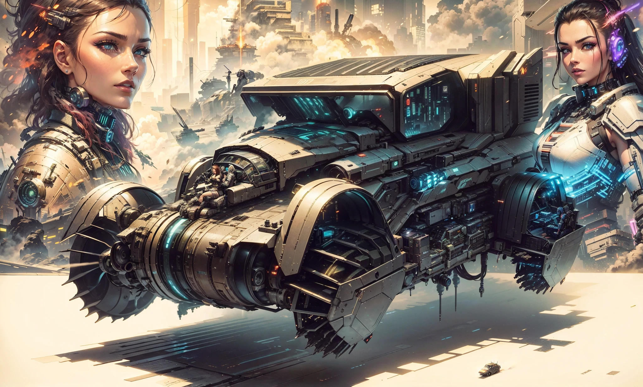 A cyberpunk armored vehicle with missiles and turbine in the foreground, two beautiful cyberpunk women with cyberpunk accessories and a future cyberpunk city in the background