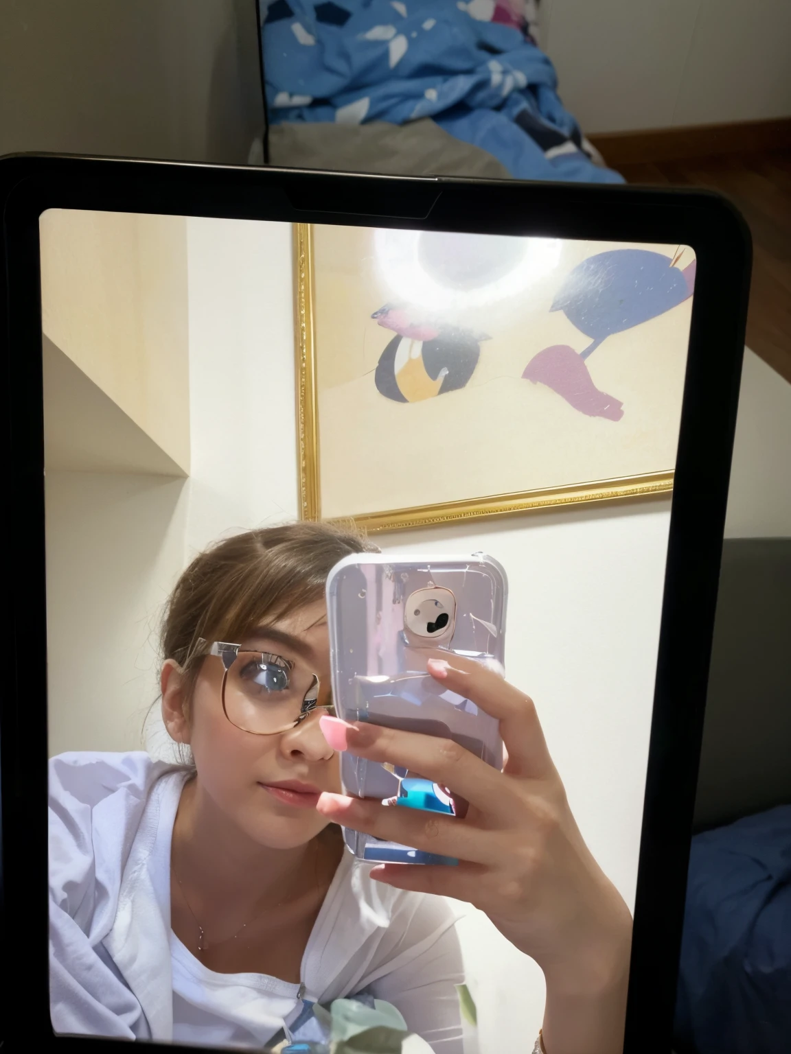 Remove the phone and make me into a cute cartoon character with sparkly eyes and specs